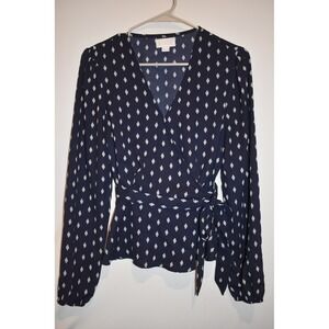 Vixbe Woman's Sheer Wrap Elastic‎ Waist Blouse, Navy Blue, Size Small